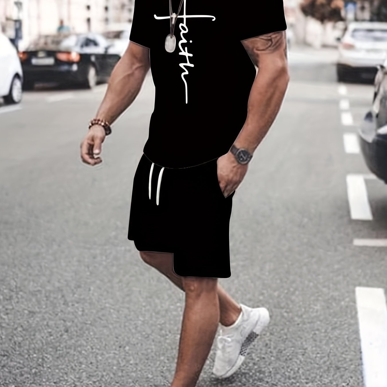 2 piece Men's 'Faith' Print Short Sleeve T-Shirt and Shorts Set - Comfortable Casual Loungewear for Summer