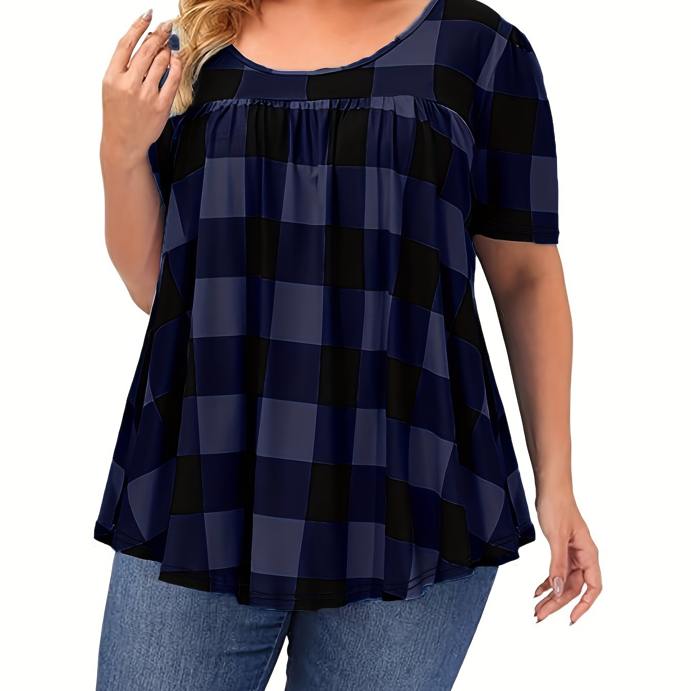 Women's Plus Size Blend T-Shirt - Short Sleeve, Round Neck, Loose Fit with Geometric Print