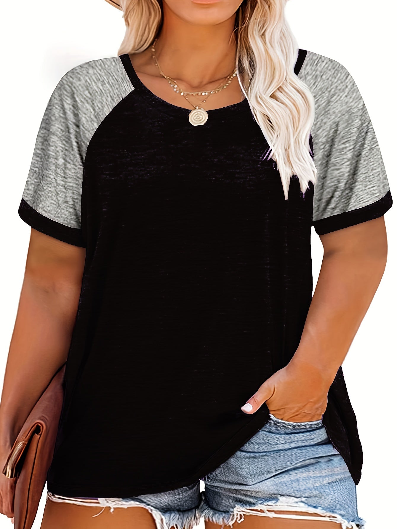 [Plus Size Slight Stretch T-shirt] Plus Size Casual T-shirt, Women's Plus Colorblock Short Sleeve Round Neck Slight Stretch T-shirt