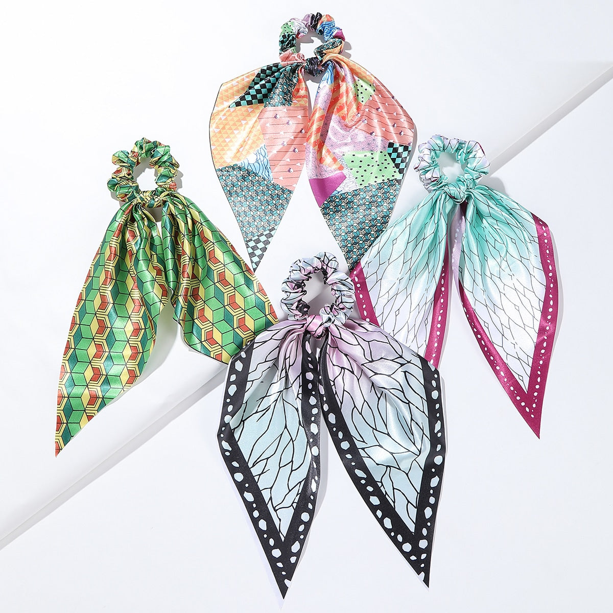 4pcs Adorable Japanese Anime Cartoon Printed Fabric Bowknot Hair Scarves with Elastic Hair Ties for Women - Soft, Comfortable, and Easy to Wear Ponytail Holders for Various Hairstyles - Cute Hair Accessories for Anime Fans