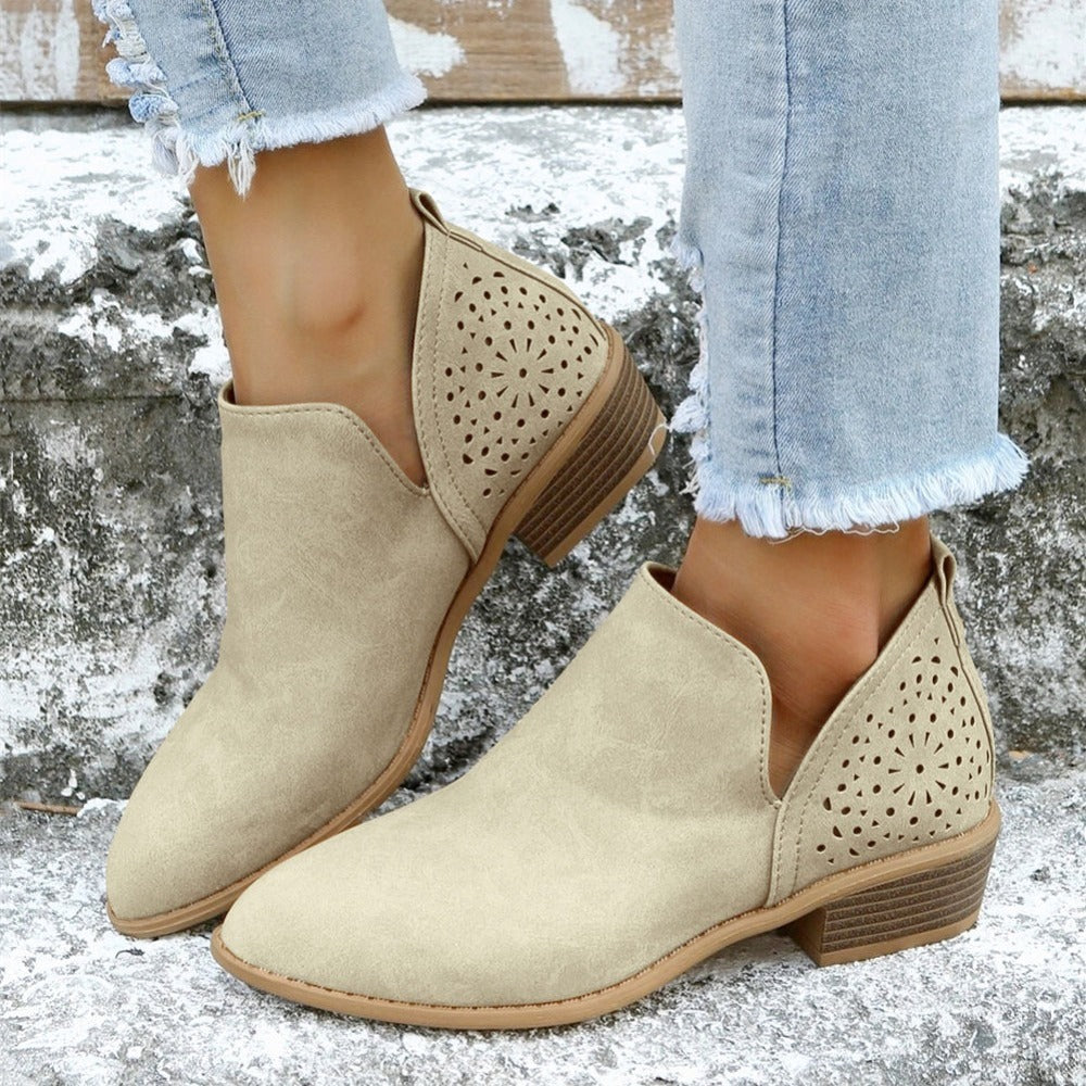 [V Cut Ankle Boots Short] Women's Ankle V Cut Short Boots, Hollow Out Chunky Heel Pointed Toe Shoes, Women's Footwear