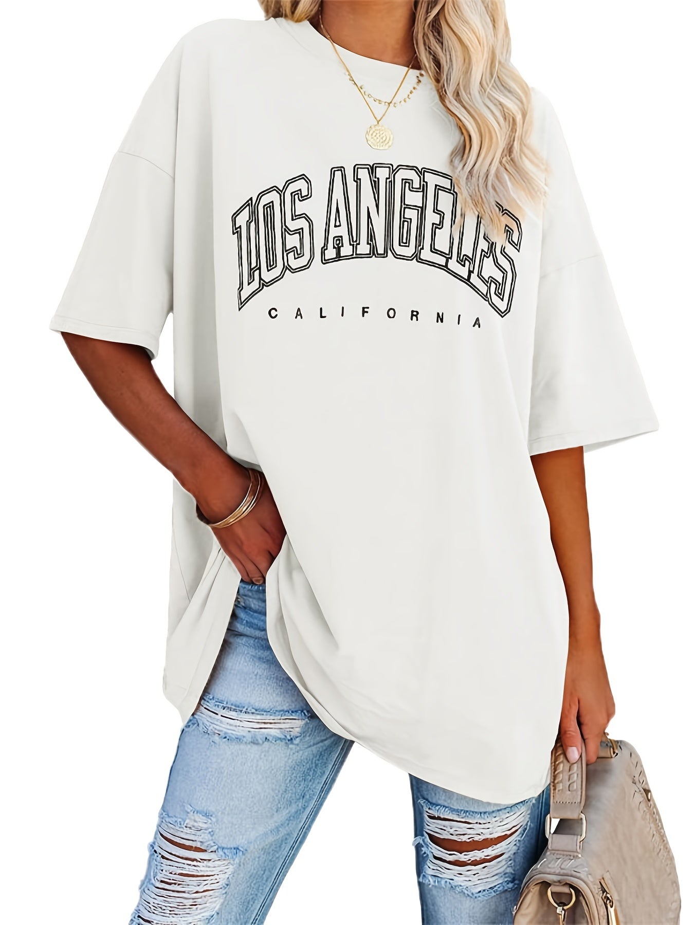 Oversized Letter Print T-Shirt, Crew Neck Short Sleeve T-Shirt, Casual Every Day Tops, Women's Clothing
