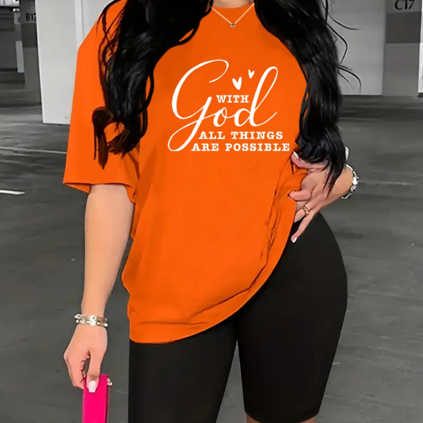 2-Piece "With God All Things Are Possible" Print Summer Shirt And Shorts Set, Casual Sportswear For Women, T-Shirt & Athletic Shorts Outfit
