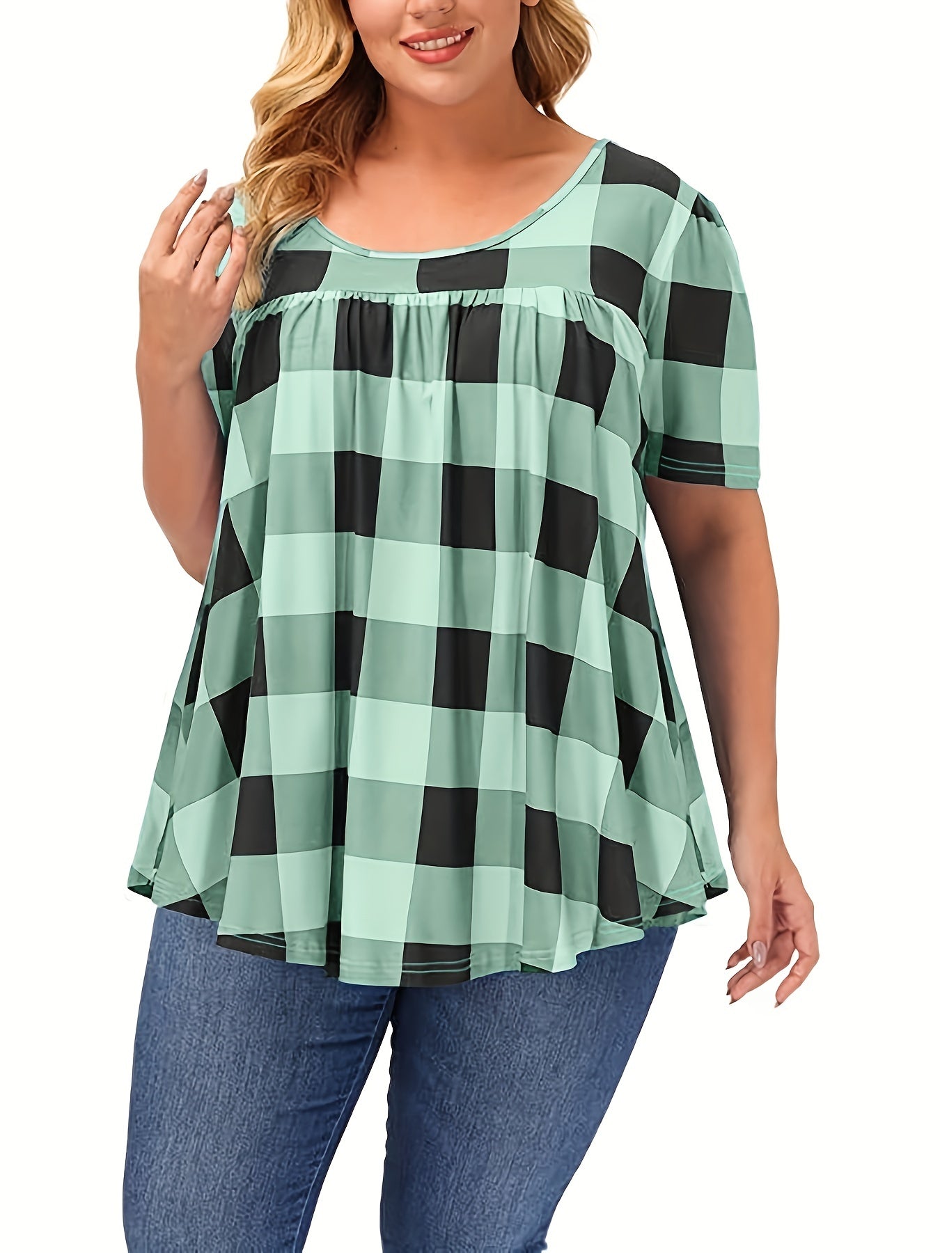 Women's Plus Size Blend T-Shirt - Short Sleeve, Round Neck, Loose Fit with Geometric Print