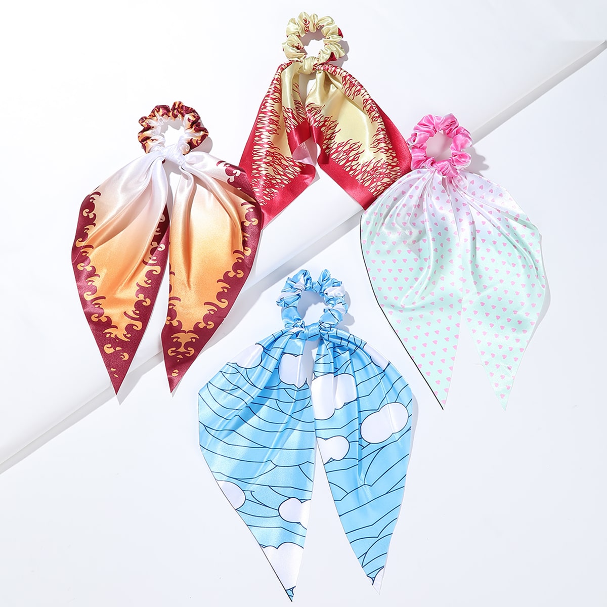 4pcs Adorable Japanese Anime Cartoon Printed Fabric Bowknot Hair Scarves with Elastic Hair Ties for Women - Soft, Comfortable, and Easy to Wear Ponytail Holders for Various Hairstyles - Cute Hair Accessories for Anime Fans