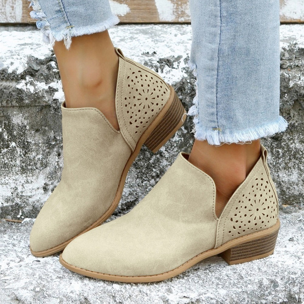 [V Cut Ankle Boots Short] Women's Ankle V Cut Short Boots, Hollow Out Chunky Heel Pointed Toe Shoes, Women's Footwear