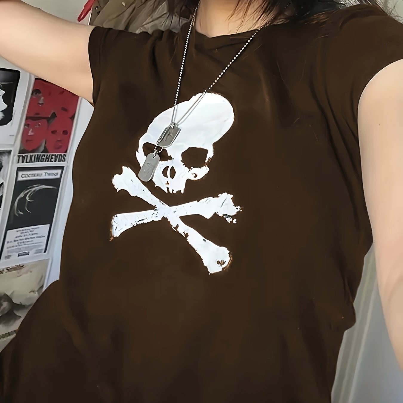 Skull Print Crop T-Shirt, Casual Crew Neck Short Sleeve T-Shirt For Spring & Summer, Women's Clothing For Y2K/Grunge Style