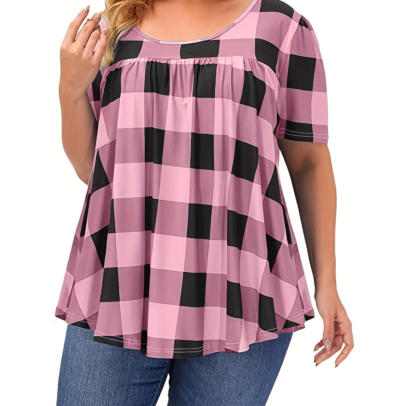 Women's Plus Size Blend T-Shirt - Short Sleeve, Round Neck, Loose Fit with Geometric Print