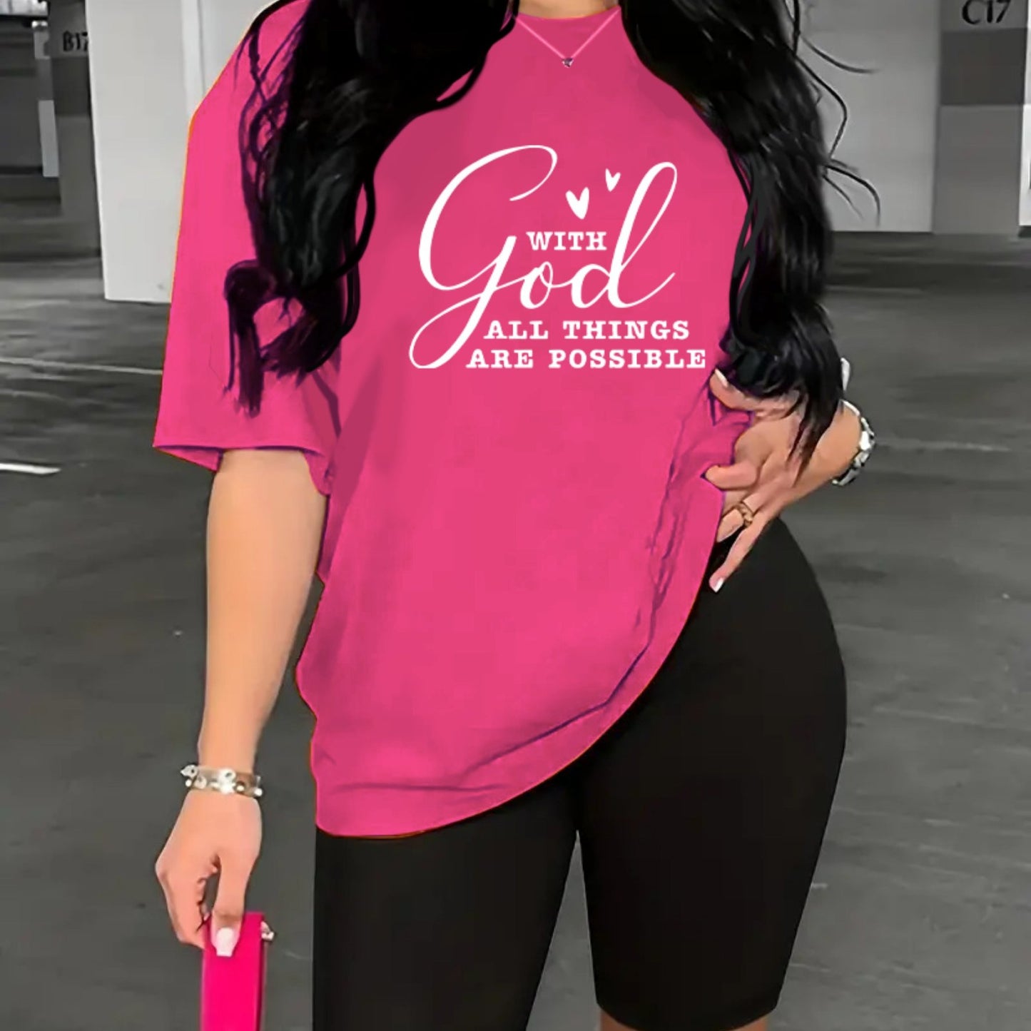 2-Piece "With God All Things Are Possible" Print Summer Shirt And Shorts Set, Casual Sportswear For Women, T-Shirt & Athletic Shorts Outfit