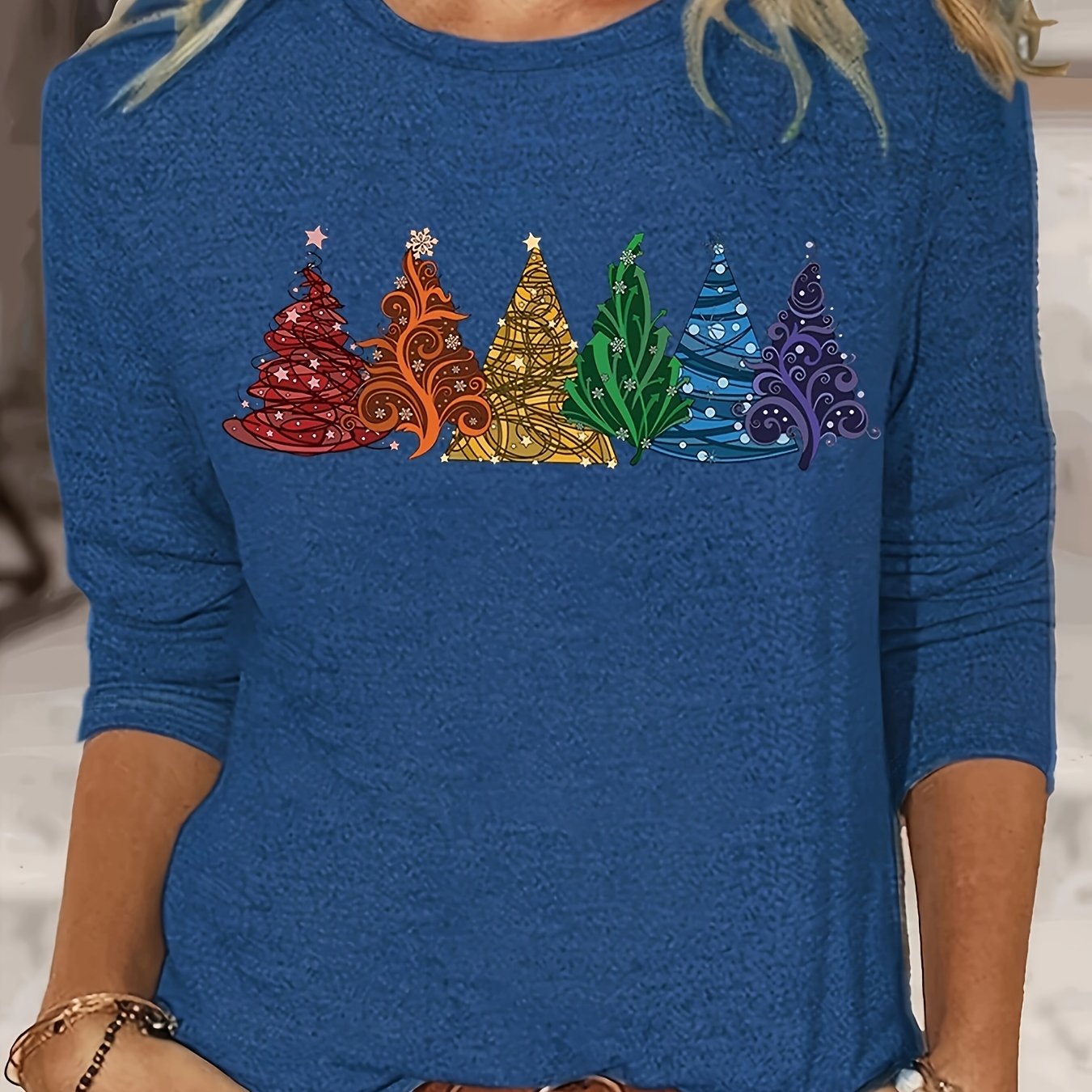Christmas Tree Print Crew Neck T-Shirt, Casual Long Sleeve T-Shirt For Spring & Fall, Women's Clothing