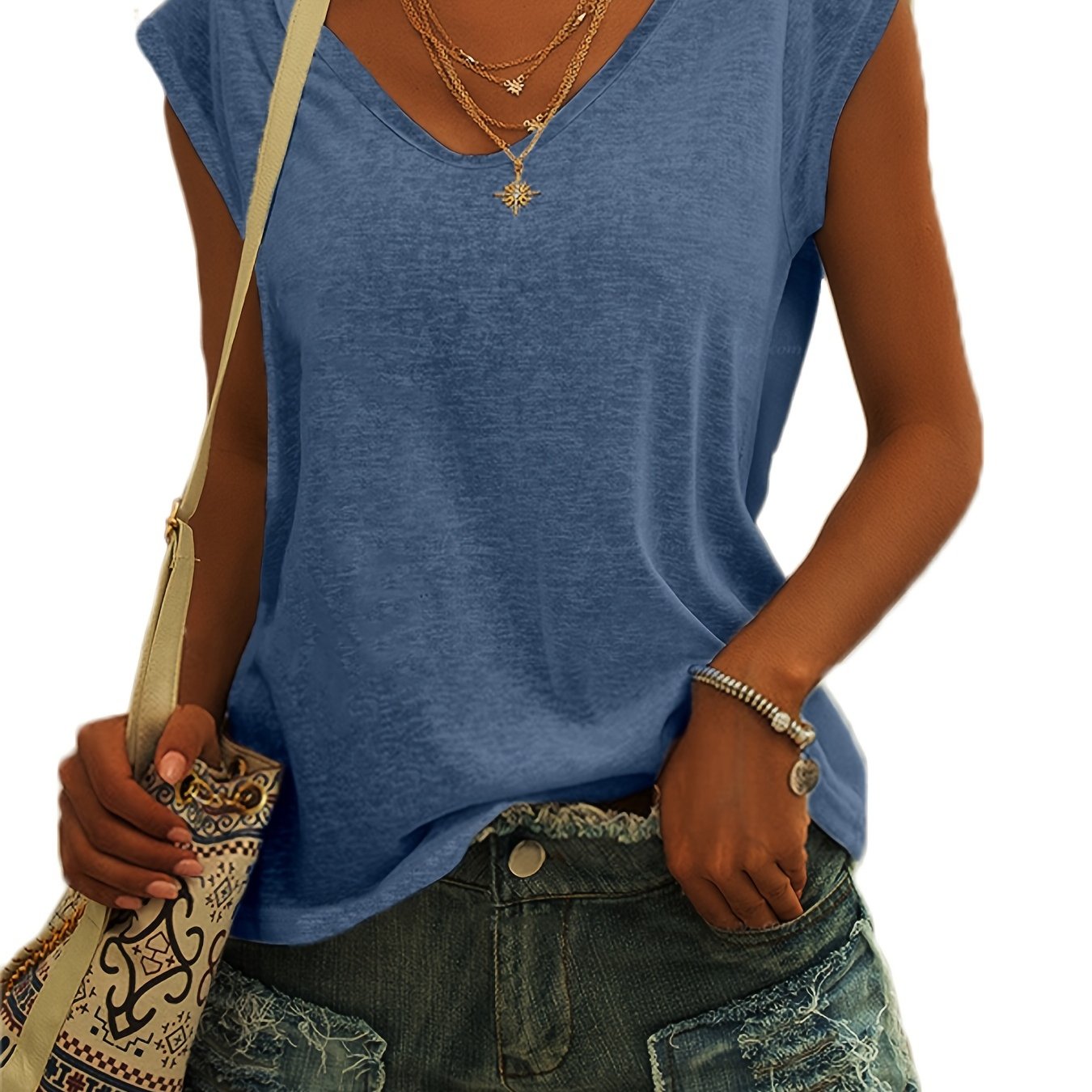 Solid Cap Sleeve T-shirt, Casual V Neck Comfy Summer T-shirt, Women's Clothing