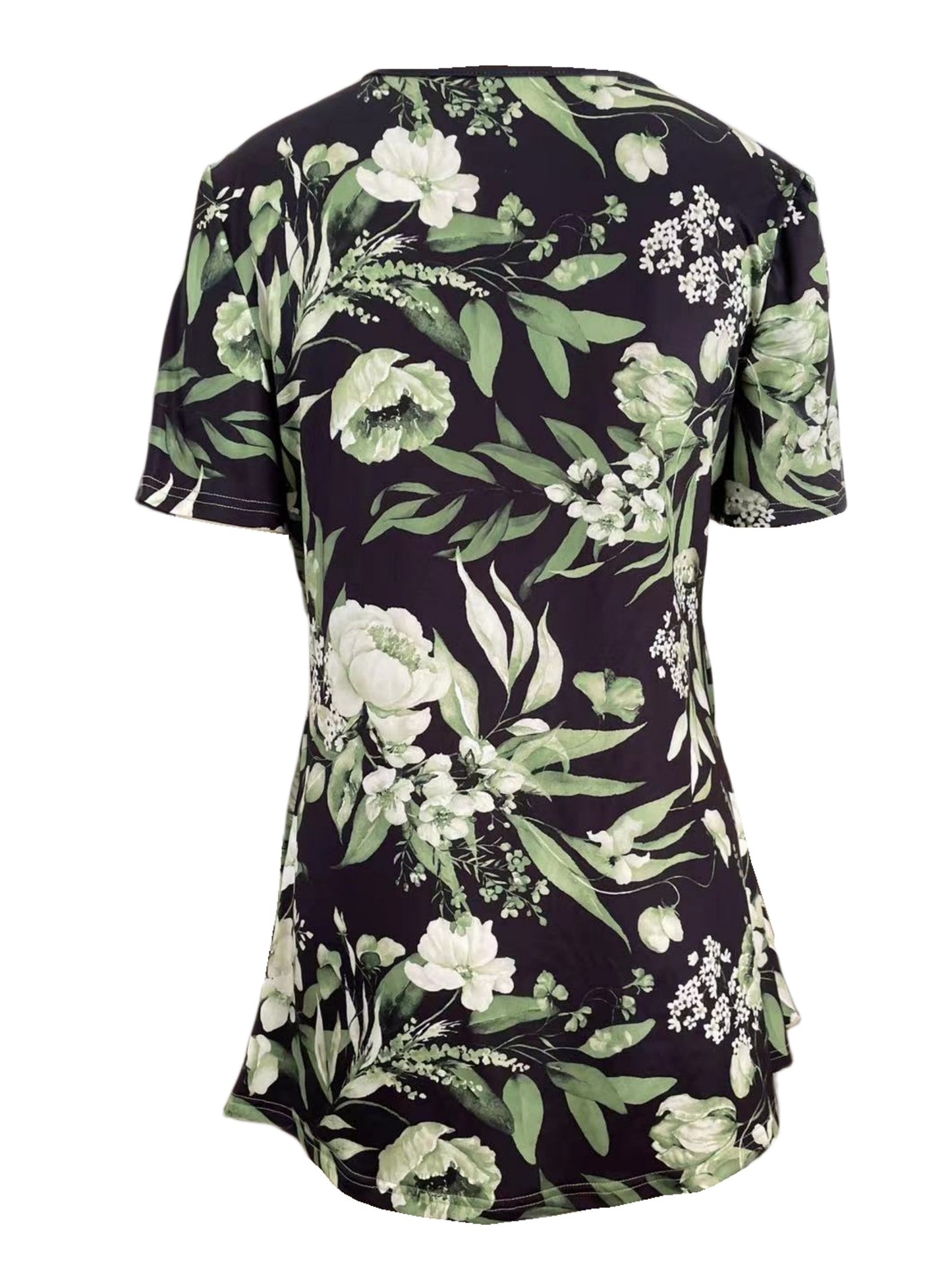Charming Floral Print T-Shirt with Glamorous Faux Pearl Accents - Comfortable V Neck Short Sleeve Top - Ideal Casual Wear for Spring & Summer - Womens Fashion Essential