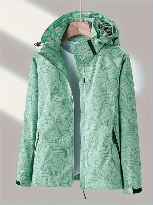 Women'S Lightweight Hooded Jacket - Casual Zip-Up Outdoor with Tropical Leaf Print, Removable Hood & Adjustable Cuffs for Spring Summer Fall, Hiking, Travel, Camping, Camping Gear