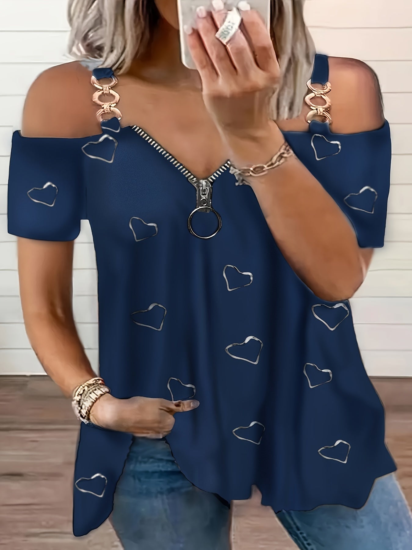 Cold Shoulder Heart Print T-Shirt, Casual Zipper Short Sleeve T-Shirt For Spring & Summer, Women's Clothing