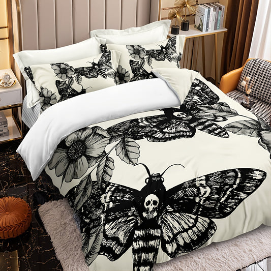 3pcs/set Death's Head Moth and Flower Duvet Cover Set - Soft, Cozy, and Comfortable Bedding with 1pc Duvet Cover and 2pcs Pillowcases for a Peaceful Sleep