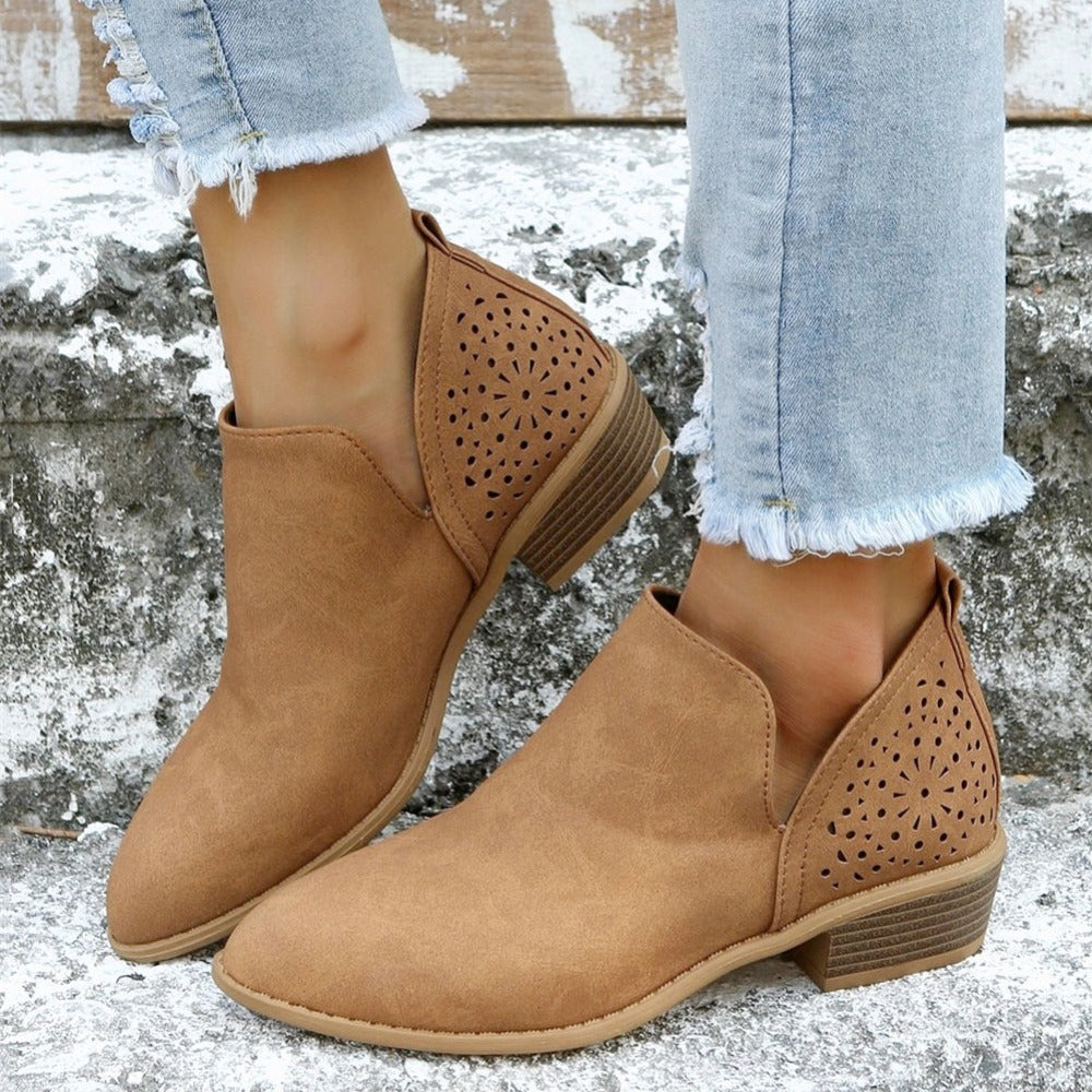 [V Cut Ankle Boots Short] Women's Ankle V Cut Short Boots, Hollow Out Chunky Heel Pointed Toe Shoes, Women's Footwear