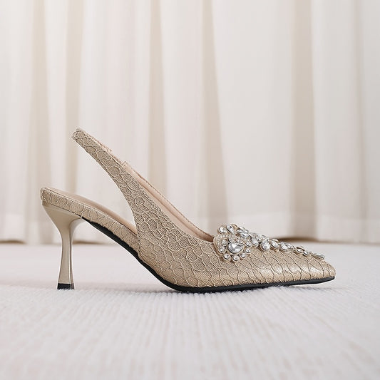 Women's Rhinestone Decor Stiletto Heels, Fashionable Pointed Toe Slingback Pumps, Stylish Dress & Party Shoes