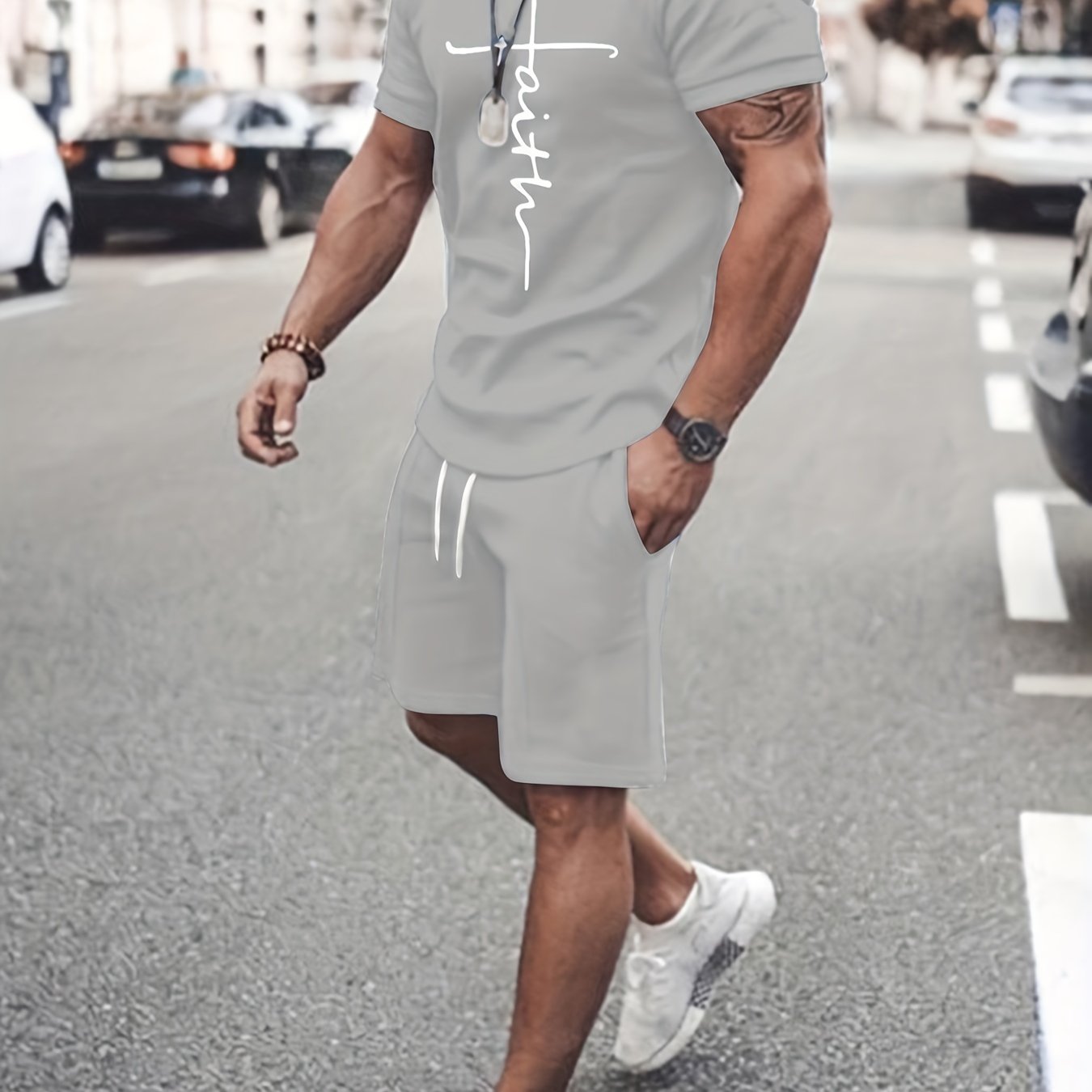 2 piece Men's 'Faith' Print Short Sleeve T-Shirt and Shorts Set - Comfortable Casual Loungewear for Summer