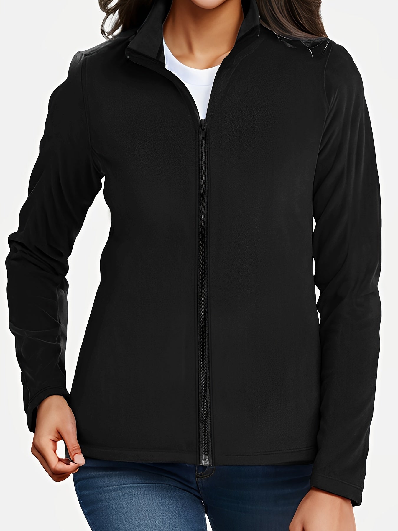 Thermal Stand Collar Jacket, Warm Solid Zipper Jacket, Casual Outerwear For Fall & Winter, Women's Clothing