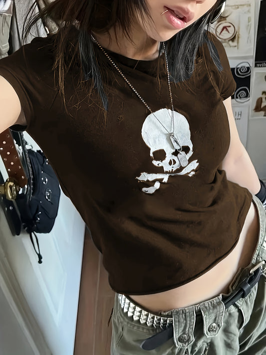 Skull Print Crop T-Shirt, Casual Crew Neck Short Sleeve T-Shirt For Spring & Summer, Women's Clothing For Y2K/Grunge Style