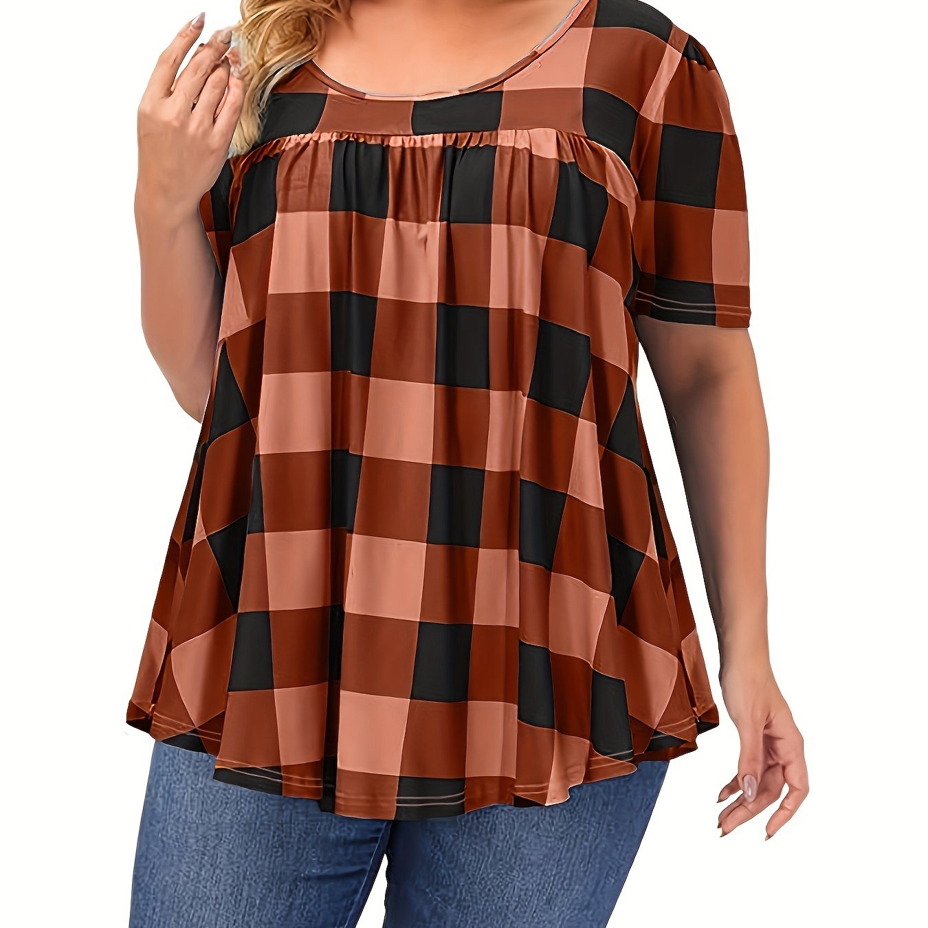 Women's Plus Size Blend T-Shirt - Short Sleeve, Round Neck, Loose Fit with Geometric Print