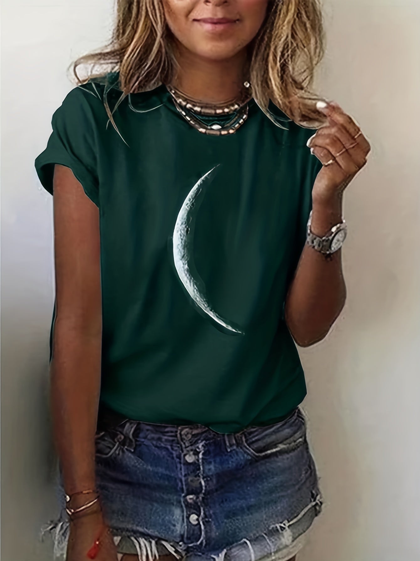 Moon Print Crew Neck T-Shirt, Casual Short Sleeve T-Shirt For Spring & Summer, Women's Clothing