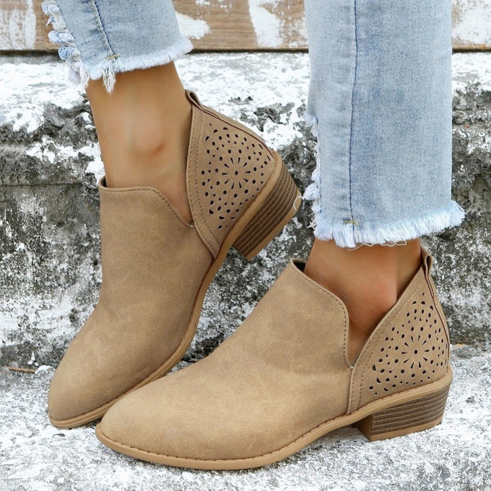 [V Cut Ankle Boots Short] Women's Ankle V Cut Short Boots, Hollow Out Chunky Heel Pointed Toe Shoes, Women's Footwear