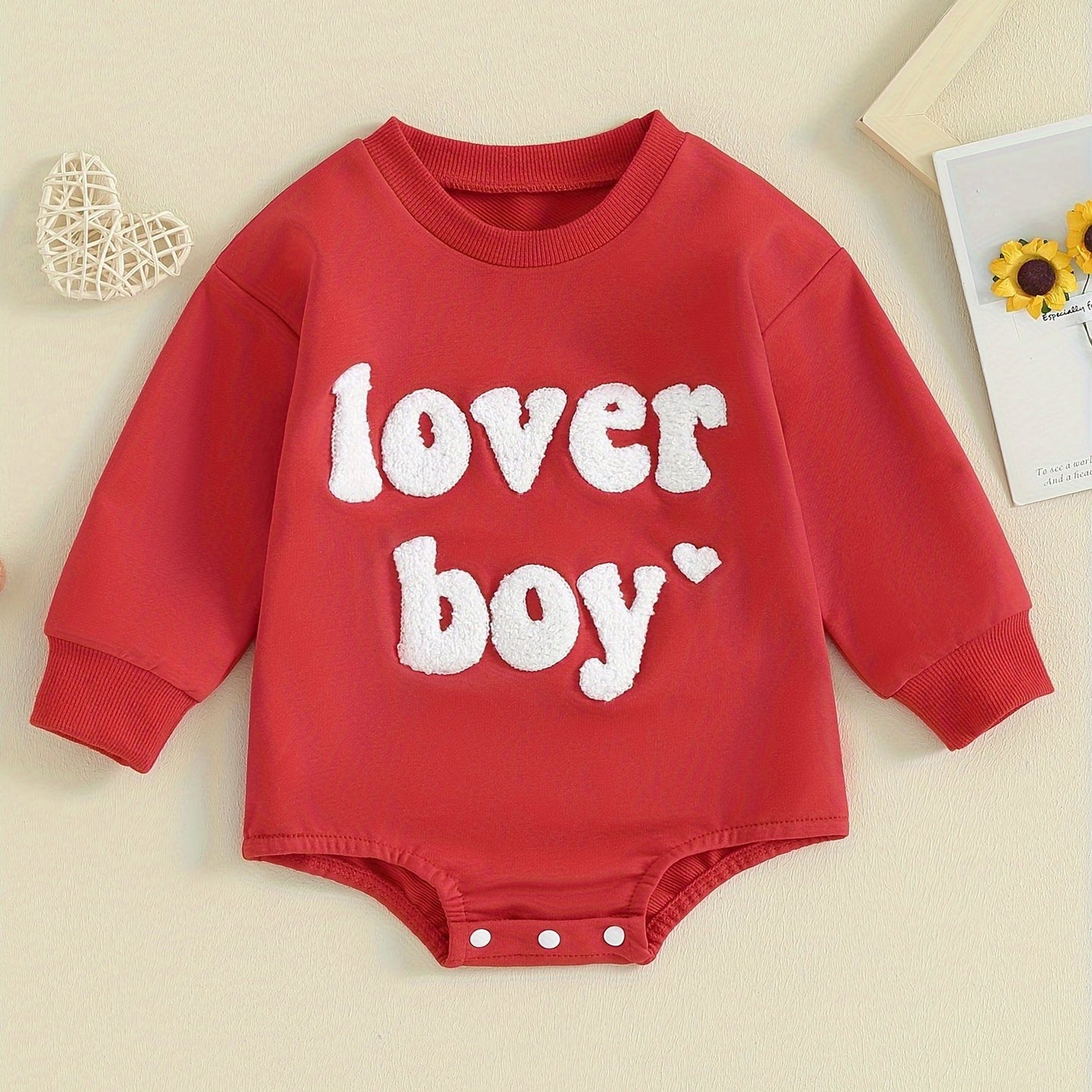 [Home Relaxation] Cozy 'Lover Boy' Cotton Romper for Babies - Red Long-Sleeve Jumpsuit with White Lettering, Machine Washable, Perfect for Fall/Winter, Comfortable Babywear | Casual Baby Jumpsuit | Cotton Blend Fabric, Boy Ba