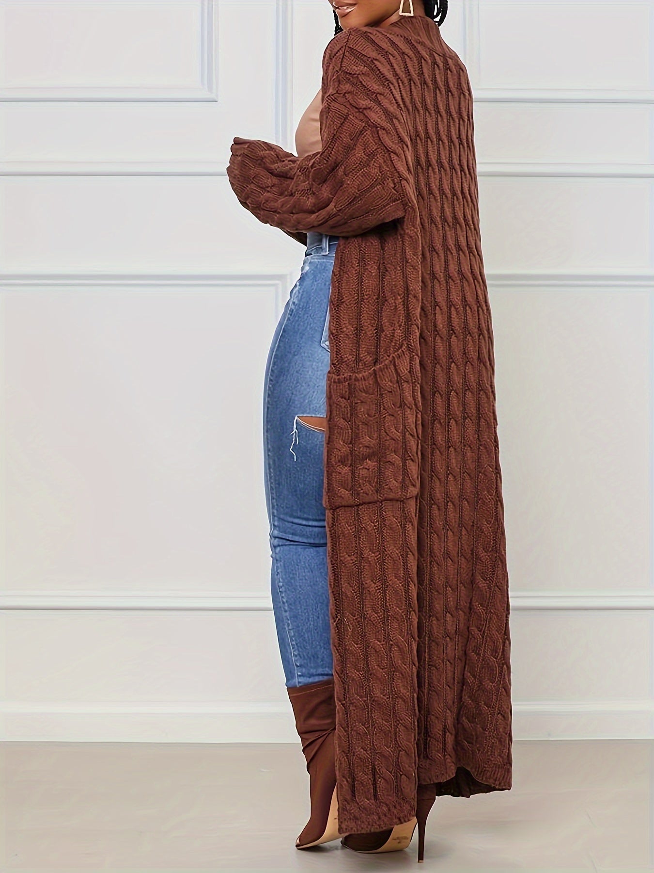 Plus Size Solid Jacquard Longline Cardigan, Women's Plus Medium Stretch Elegant Sweater Cardigan