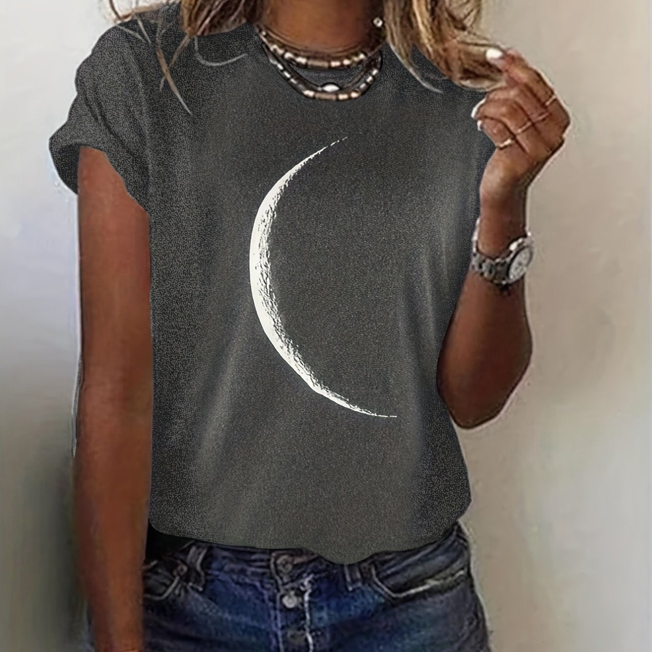 Moon Print Crew Neck T-Shirt, Casual Short Sleeve T-Shirt For Spring & Summer, Women's Clothing