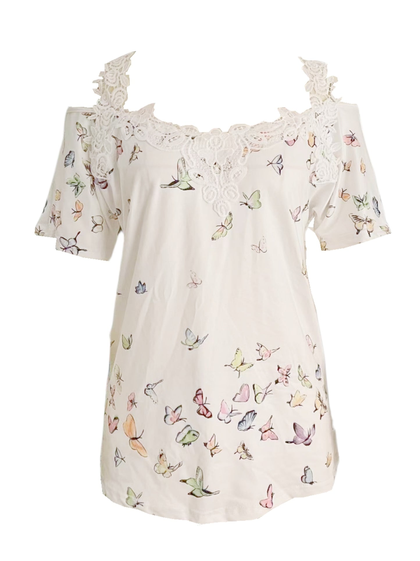 Feminine Butterfly Print V-Neck T-Shirt - Stylish Cold Shoulder Top for Spring & Summer - Lightweight, Short Sleeve Womens Fashion