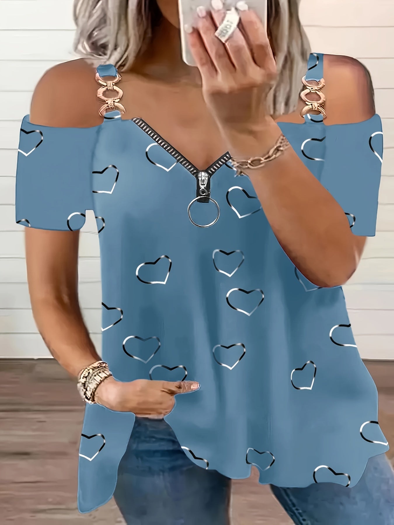 Cold Shoulder Heart Print T-Shirt, Casual Zipper Short Sleeve T-Shirt For Spring & Summer, Women's Clothing