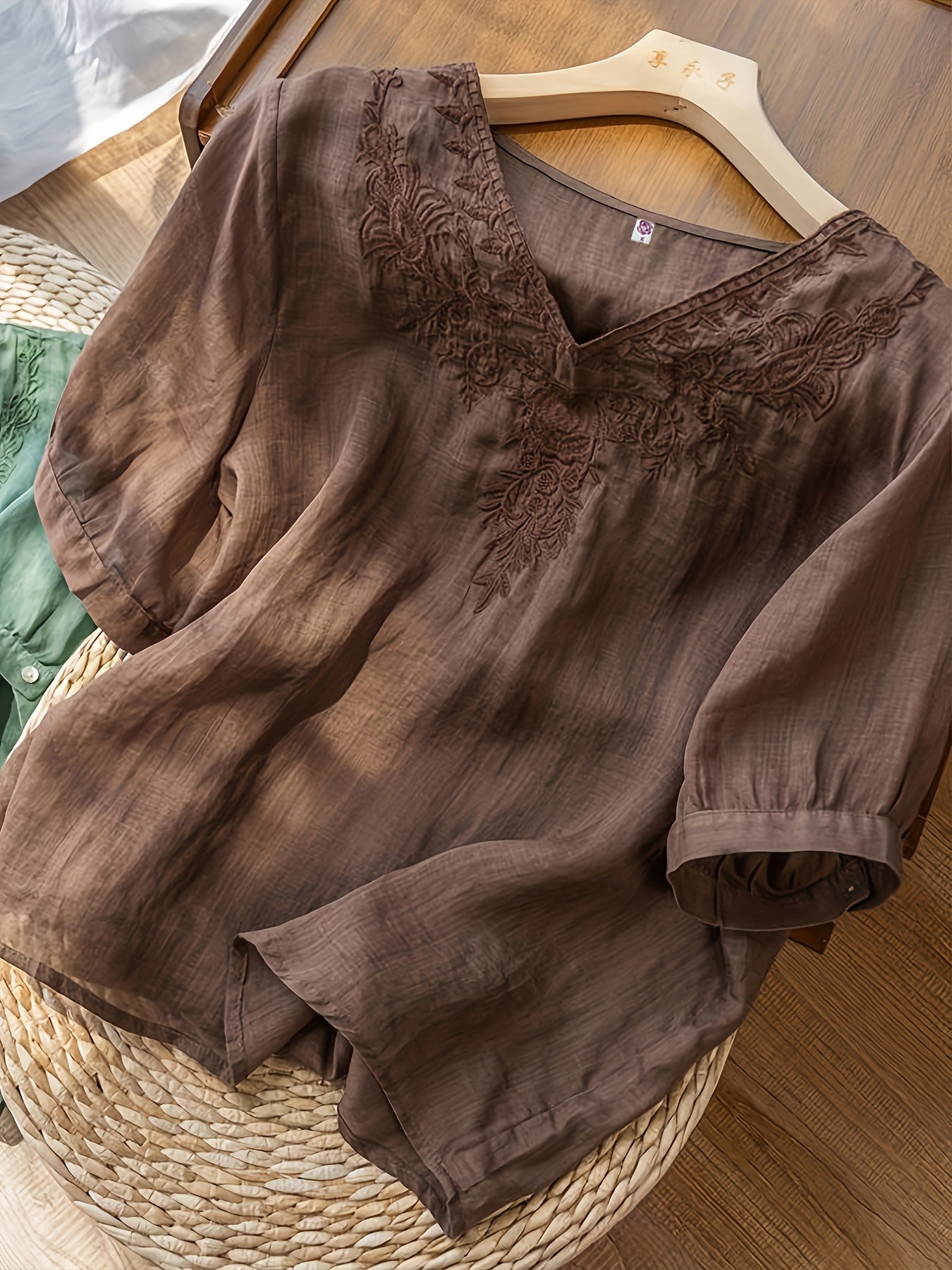 Floral Embroidery V Neck T-shirt, Vintage Half Sleeve Loose T-shirt For Spring & Summer, Women's Clothing