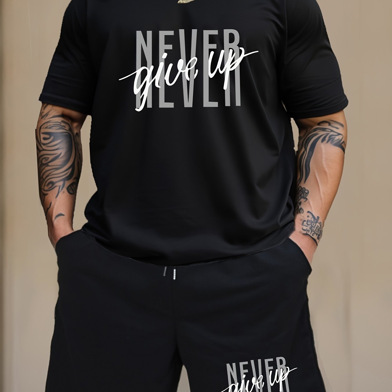 2-Piece Men's Fashion Graphic Loungewear Set - Short Sleeve Crew Neck T-Shirt, Drawstring Shorts with Pockets, Soft, Breathable, Casual Pajama Outfit for Men, NEVER GIVE UP Letter Print Design, Ideal for Relaxation and Leisur