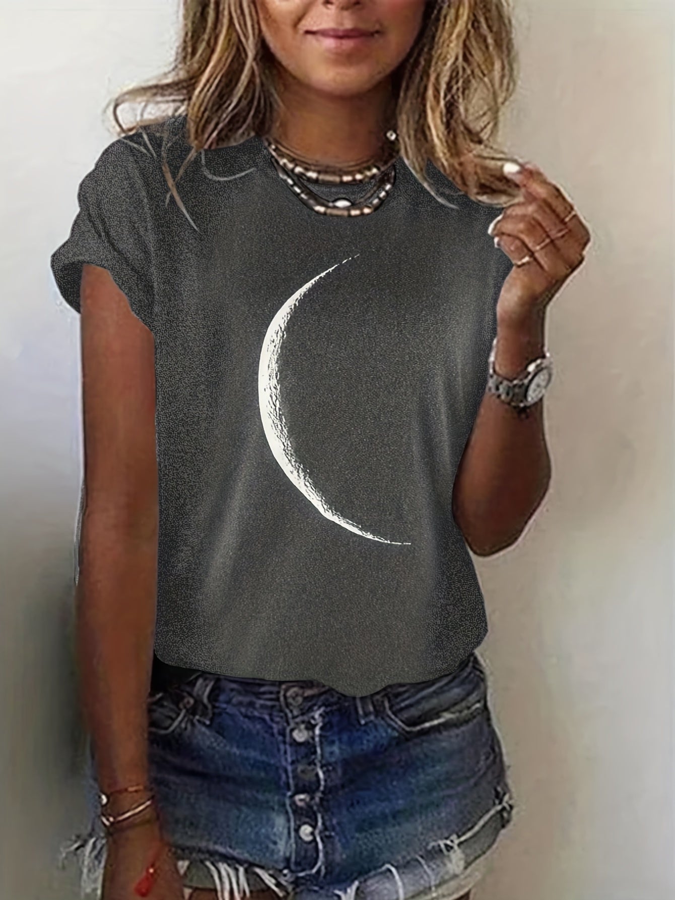 Moon Print Crew Neck T-Shirt, Casual Short Sleeve T-Shirt For Spring & Summer, Women's Clothing