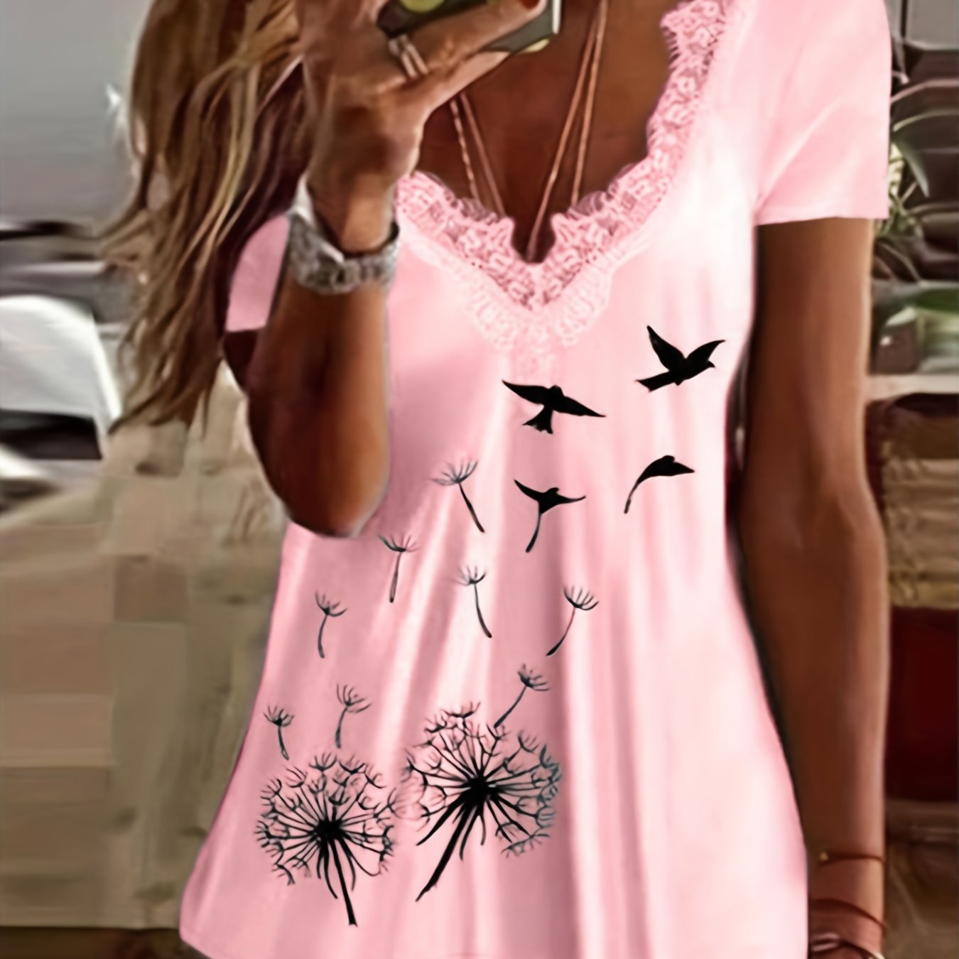 For Spring & Summer, Casual Short Sleeve Contrast Lace Dandelion Print T-Shirt, Women's Clothing
