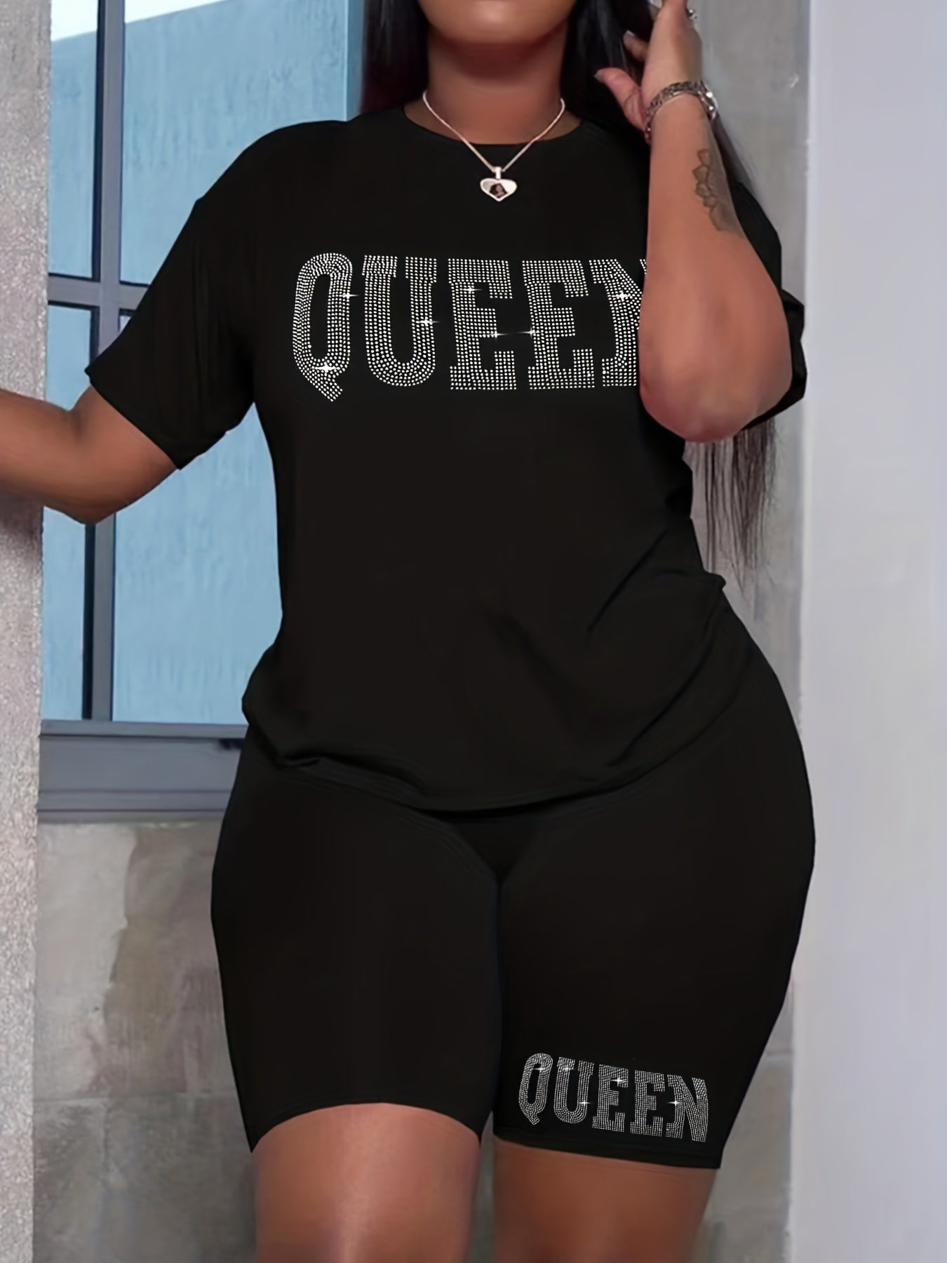 [2 Pieces Rhinestone Queen Outfit] Rhinestone Queen Print 2 Pieces Set, Crew Neck Short Sleeve T-shirt & Bodycon Shorts Outfits, Women's Clothing