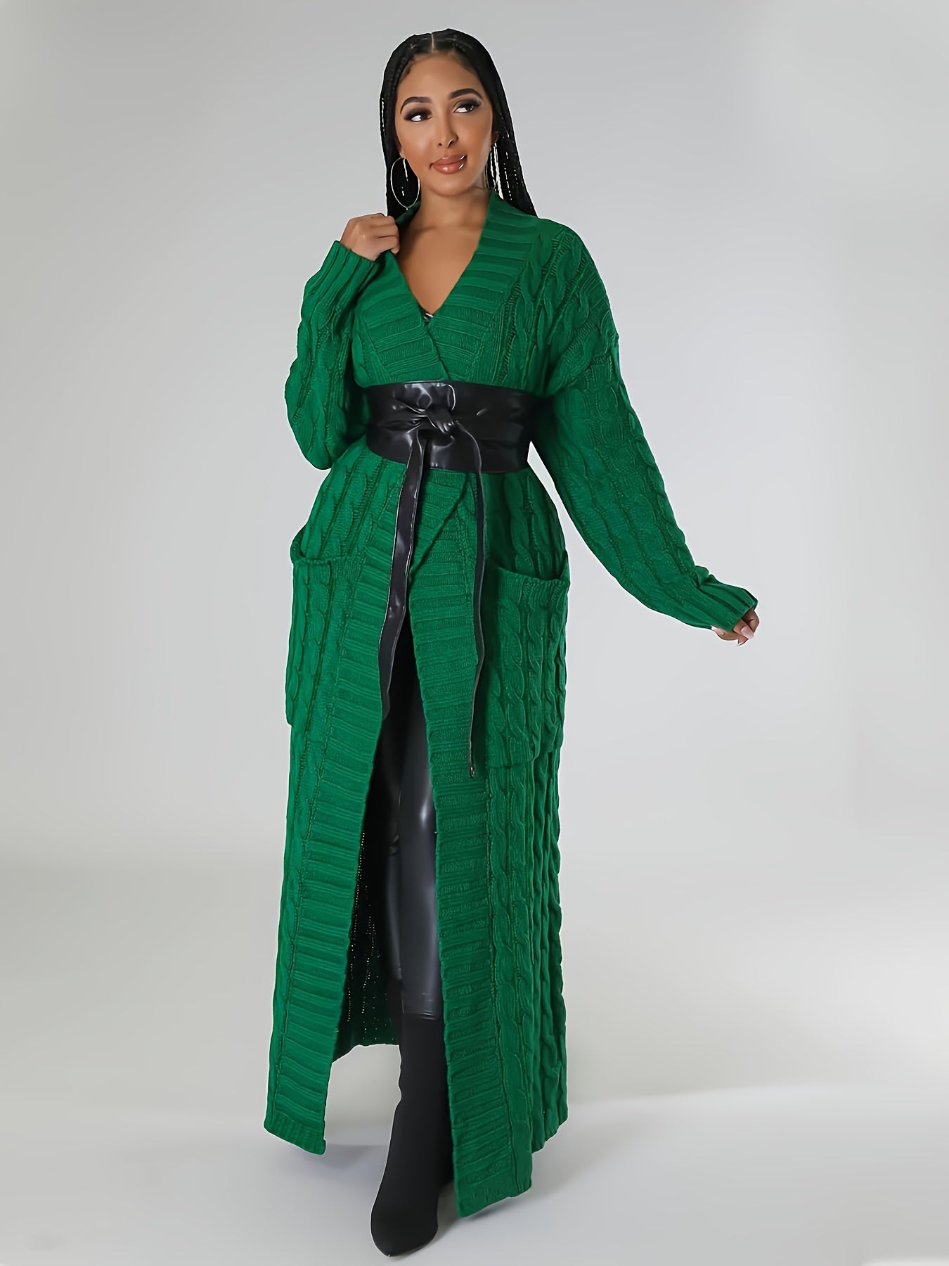 Plus Size Solid Jacquard Longline Cardigan, Women's Plus Medium Stretch Elegant Sweater Cardigan