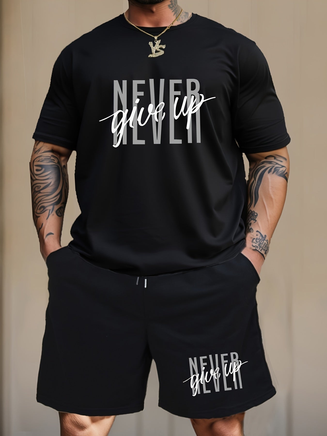 2-Piece Men's Fashion Graphic Loungewear Set - Short Sleeve Crew Neck T-Shirt, Drawstring Shorts with Pockets, Soft, Breathable, Casual Pajama Outfit for Men, NEVER GIVE UP Letter Print Design, Ideal for Relaxation and Leisur