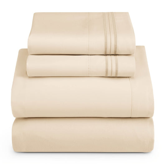 3/4pcs Luxurious Beige Embroidered Bedding Set - Soft Elegance, 1 Flat Sheet, 1 Fitted Sheet, 1/2 Pillowcases - Cozy Bedroom Essentials for Revitalized Sleep