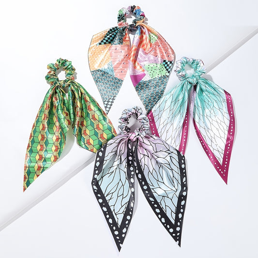 4pcs Adorable Japanese Anime Cartoon Printed Fabric Bowknot Hair Scarves with Elastic Hair Ties for Women - Soft, Comfortable, and Easy to Wear Ponytail Holders for Various Hairstyles - Cute Hair Accessories for Anime Fans