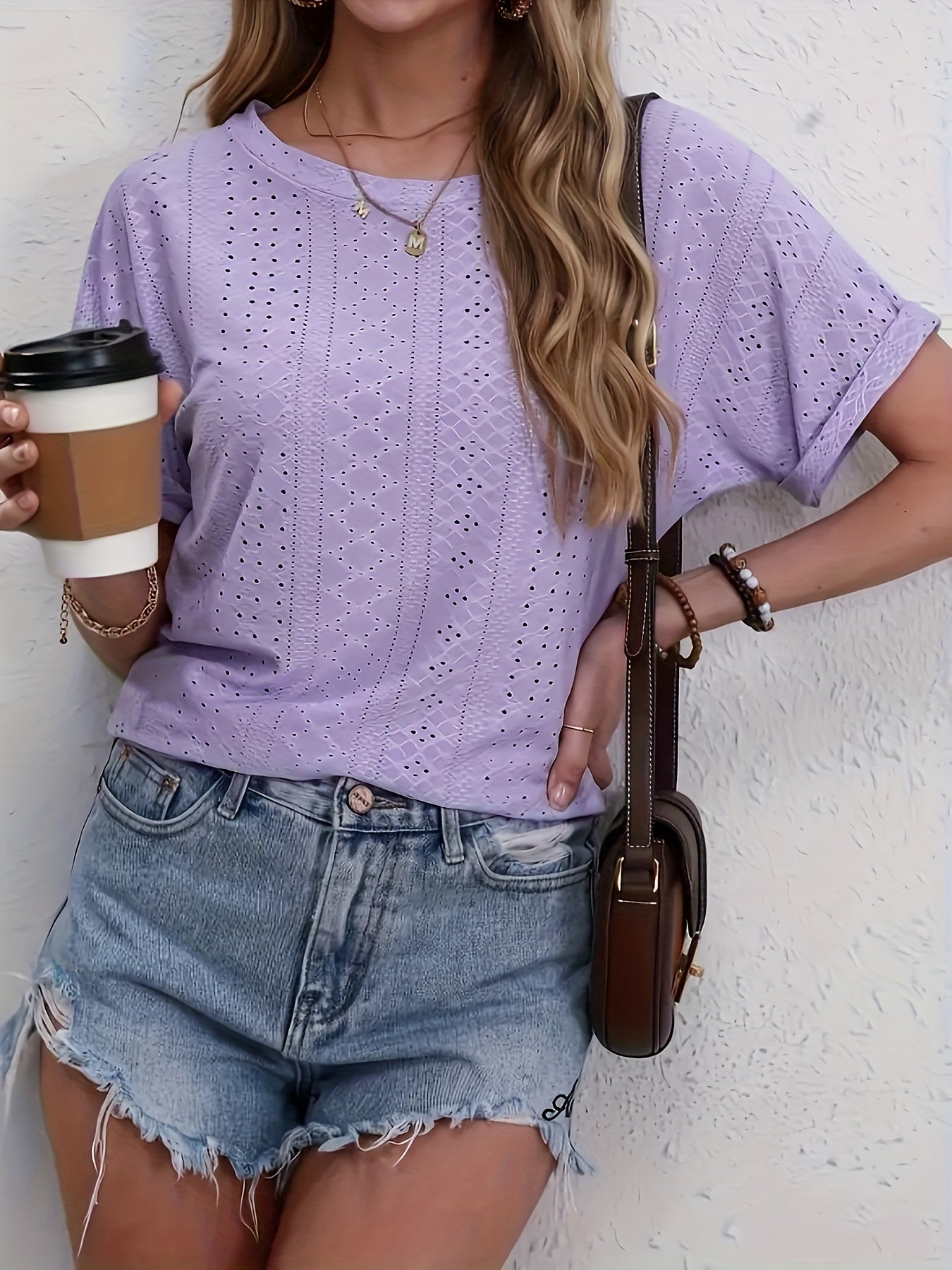 Lace-Detail Eyelet Crew Neck T-Shirt - Relaxed Fit for Ultimate Comfort, Short Sleeve Design for Warm Weather, Perfect for Spring and Summer Seasons, Stylish and Versatile Womens Apparel