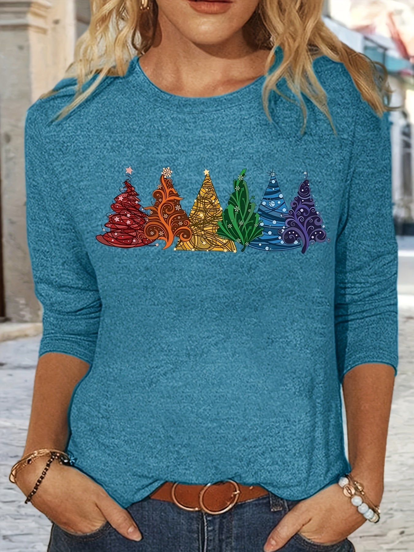 Christmas Tree Print Crew Neck T-Shirt, Casual Long Sleeve T-Shirt For Spring & Fall, Women's Clothing