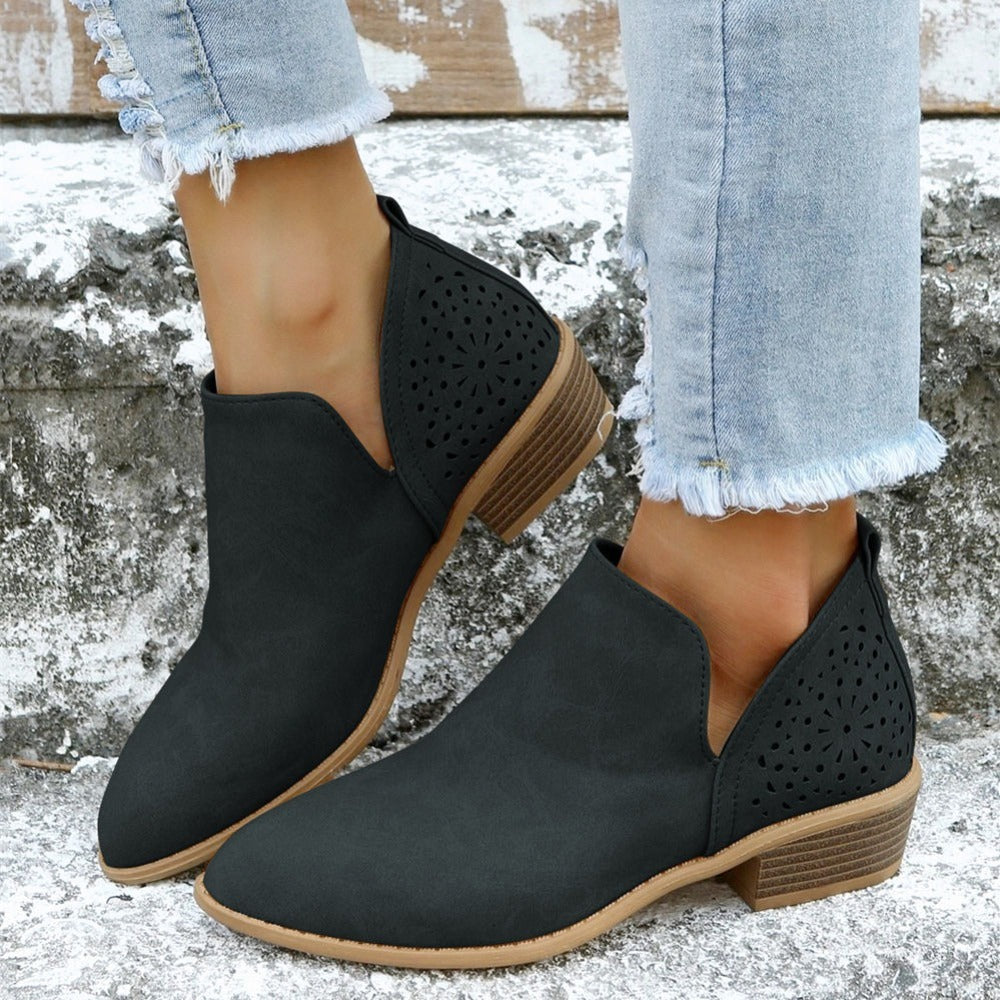 [V Cut Ankle Boots Short] Women's Ankle V Cut Short Boots, Hollow Out Chunky Heel Pointed Toe Shoes, Women's Footwear