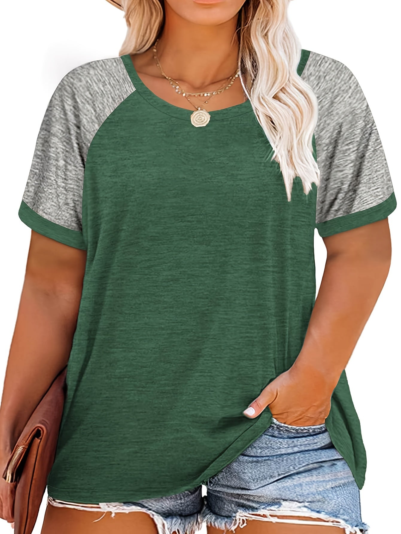 [Plus Size Slight Stretch T-shirt] Plus Size Casual T-shirt, Women's Plus Colorblock Short Sleeve Round Neck Slight Stretch T-shirt
