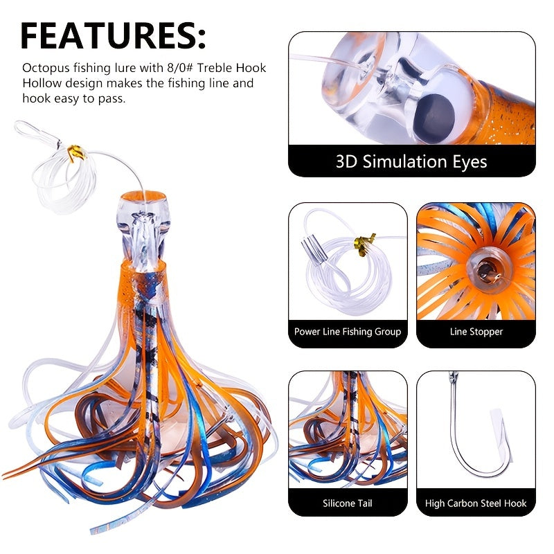 [Fast Sinking Octopus Lure] 1pc Fast Sinking Resin Head Octopus Soft Skirt Lure - Deep Sea Fishing Big Trolling Bait - 22cm/8.66in 100g/3.53oz for Tuna, Wahoo