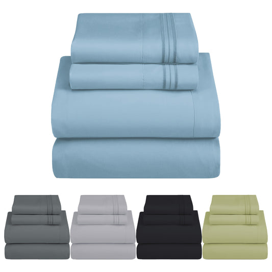 3/4pcs Gray Blue Embroidered Chemical Fiber Bed Sheet Kit