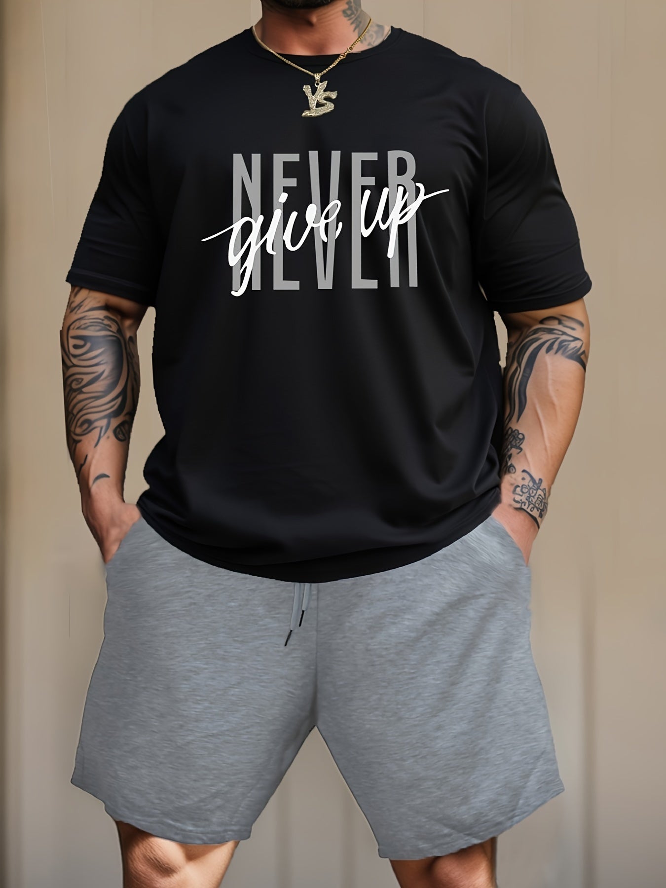 2-Piece Men's Fashion Graphic Loungewear Set - Short Sleeve Crew Neck T-Shirt, Drawstring Shorts with Pockets, Soft, Breathable, Casual Pajama Outfit for Men, NEVER GIVE UP Letter Print Design, Ideal for Relaxation and Leisur