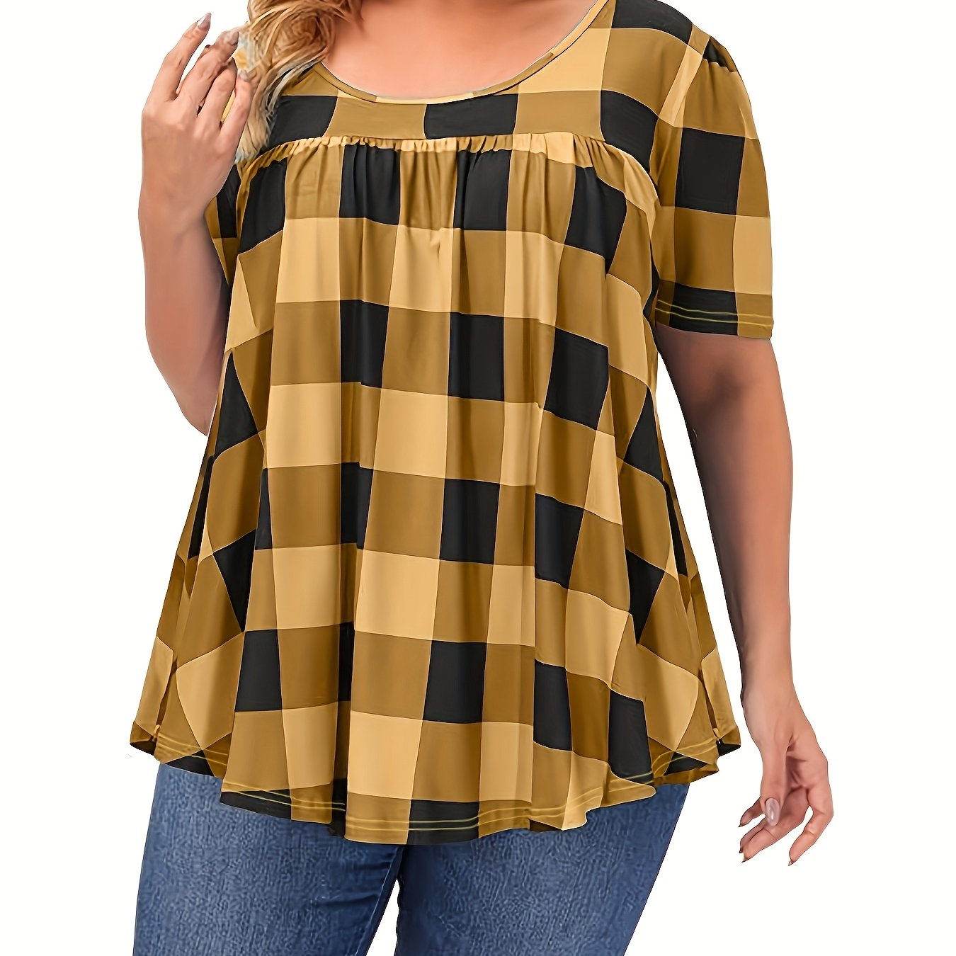 Women's Plus Size Blend T-Shirt - Short Sleeve, Round Neck, Loose Fit with Geometric Print