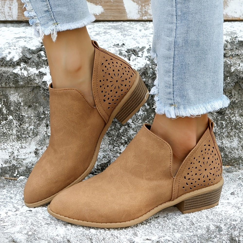 [V Cut Ankle Boots Short] Women's Ankle V Cut Short Boots, Hollow Out Chunky Heel Pointed Toe Shoes, Women's Footwear